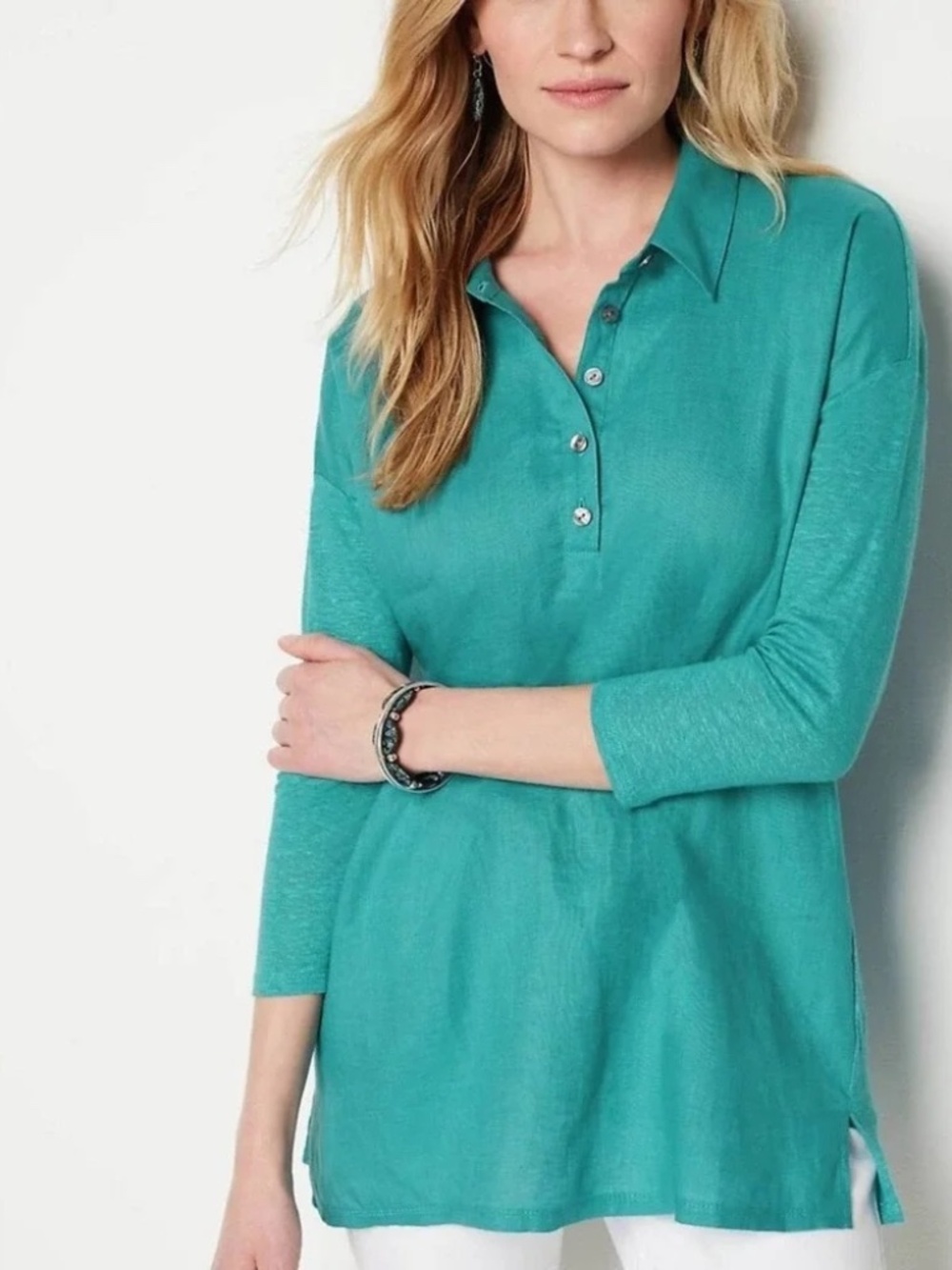J. Jill XLP Teal Love Linen Popover Tunic Top 100% Linen